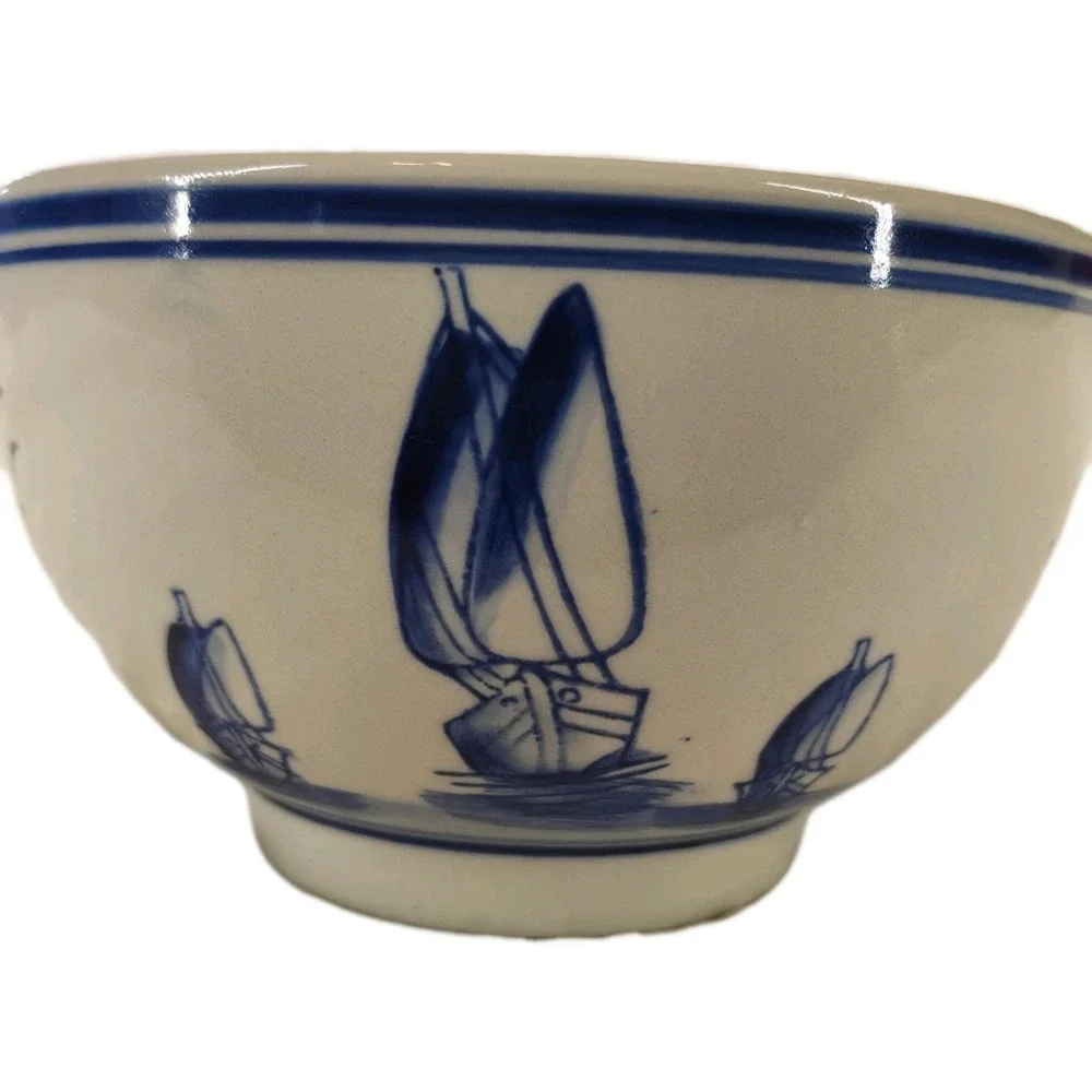 Vintage Delft Style Ceramic Cereal Bowl Blue & Cream Holland Windmills Sailboats